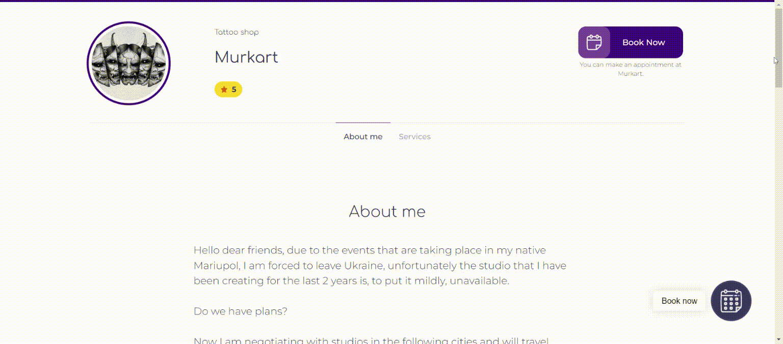 Tattoo studio website in the EasyWeek system